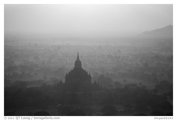 Aerial view of backlit temple in mist. Bagan, Myanmar (black and white)