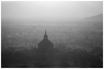 Aerial view of backlit temple in mist. Bagan, Myanmar ( black and white)