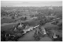 Aerial view of many temples set amongst fields. Bagan, Myanmar ( black and white)