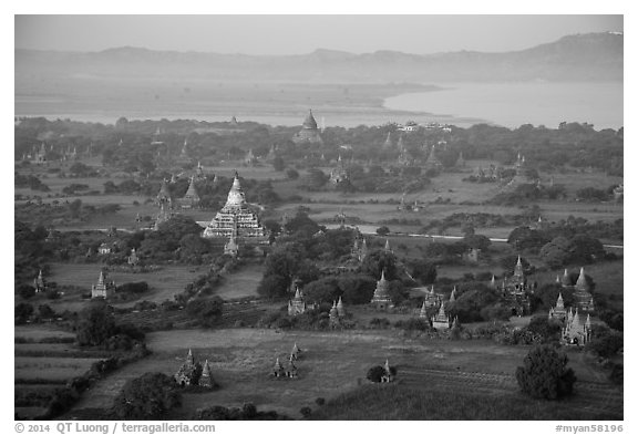 Aerial view of temples, cultivated lands, and Ayeyarwaddy River. Bagan, Myanmar (black and white)