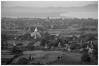 Aerial view of temples, cultivated lands, and Ayeyarwaddy River. Bagan, Myanmar ( black and white)
