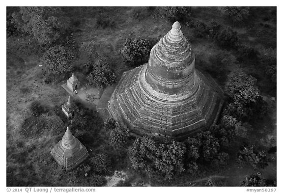 Aerial view of pagoda complex. Bagan, Myanmar (black and white)