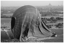 Aerial view of landed hot air balloon. Bagan, Myanmar ( black and white)