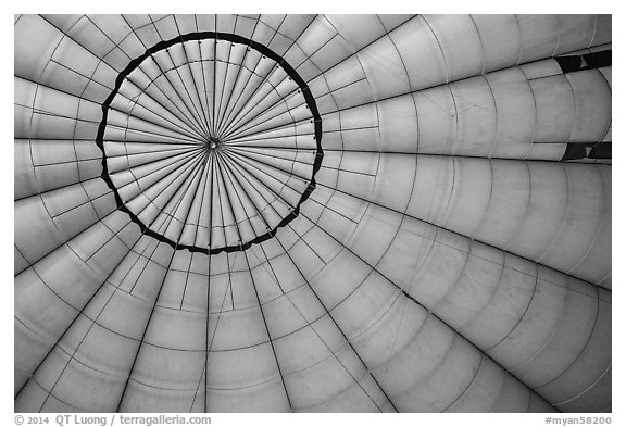 Looking up inside hot air balloon. Bagan, Myanmar (black and white)