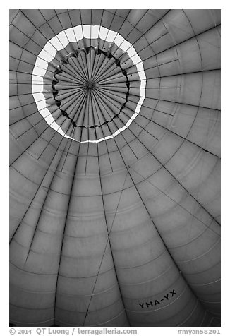 Top vent inside hot air balloon. Bagan, Myanmar (black and white)