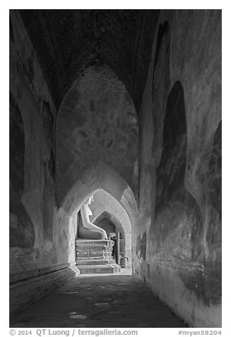 Corridor with frescoes and buddha statue, Sulamani temple. Bagan, Myanmar (black and white)