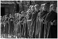 Novices lining up with alms bowls, Nyaung U. Bagan, Myanmar ( black and white)