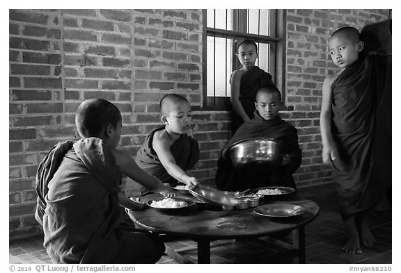 Buddhist novices preparing for lunch, Nyaung U. Bagan, Myanmar (black and white)