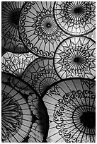 Backlit colorful sun umbrellas. Bagan, Myanmar ( black and white)