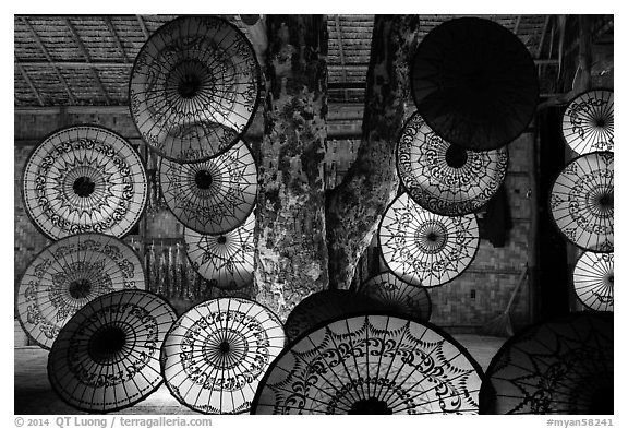 Umbrella store at night. Bagan, Myanmar (black and white)