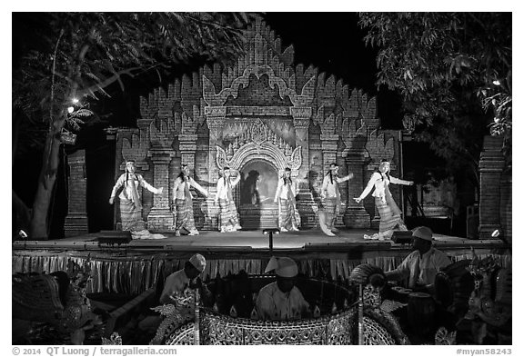 Traditional dance and musical performance. Bagan, Myanmar (black and white)