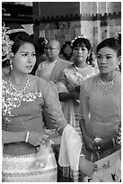Women wearing their best dress for Shinbyu ceremony, Mahamuni Pagoda. Mandalay, Myanmar ( black and white)