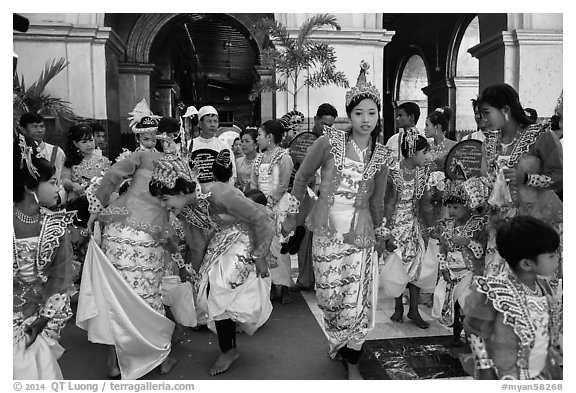 Young girls during novitiation, Mahamuni Pagoda. Mandalay, Myanmar (black and white)