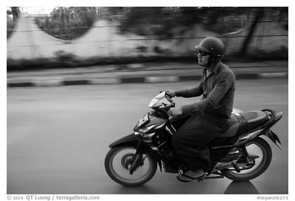 Motorcyle rider. Mandalay, Myanmar (black and white)