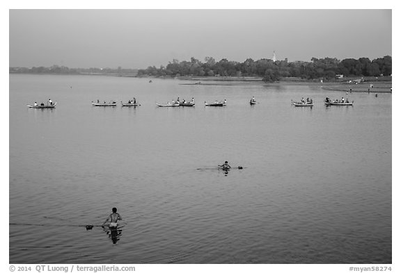 Rowboats on Taungthaman Lake. Amarapura, Myanmar (black and white)