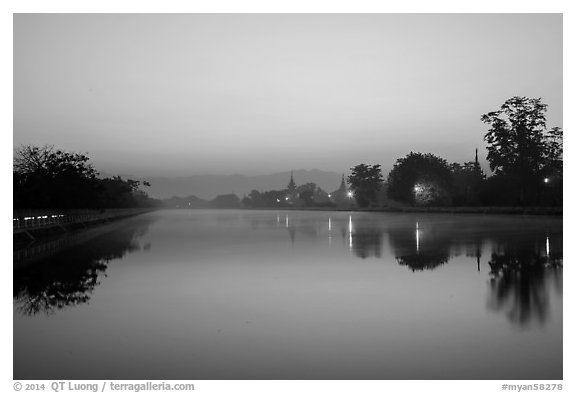 Moat and Mandalay Fort at dawn. Mandalay, Myanmar (black and white)