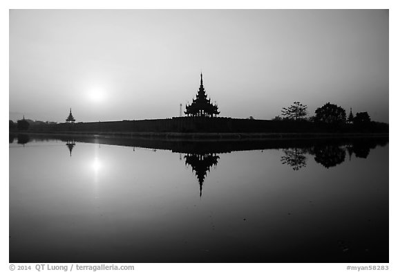 Sunrise, Mandalay Fort moat. Mandalay, Myanmar (black and white)