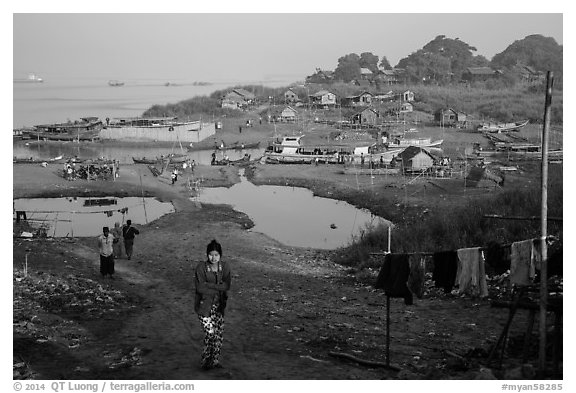 Huts on shore of Irrawaddy River. Mandalay, Myanmar (black and white)