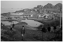 Huts on shore of Irrawaddy River. Mandalay, Myanmar ( black and white)