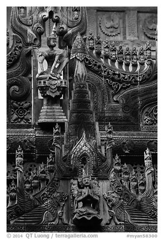 Intricate teak carving, Shwe In Bin Kyaung pagoda. Mandalay, Myanmar (black and white)