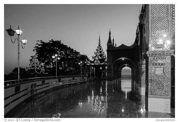 Terrace of Sutaungpyei Pagoda at dawn. Mandalay, Myanmar (black and white)