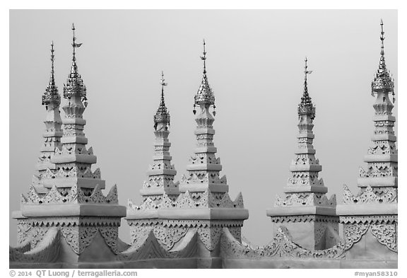 Spires, Sutaungpyei Pagoda. Mandalay, Myanmar (black and white)