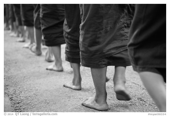 Bare feat of monks, Mahagandayon Monastery. Amarapura, Myanmar (black and white)