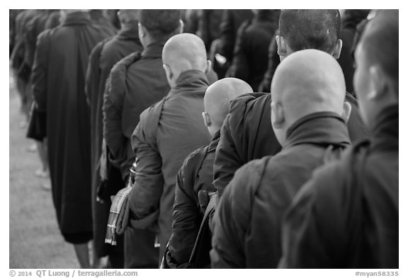 Shaven heads of monks, Mahagandayon Monastery. Amarapura, Myanmar (black and white)