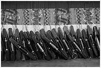 Close-up of loom in weaving workshop. Amarapura, Myanmar ( black and white)