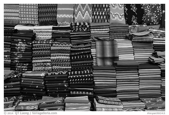 Colorful fabrics. Amarapura, Myanmar (black and white)