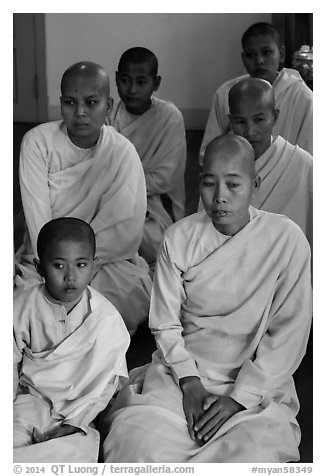 Nuns of various ages, Zayar Theingi Nunnery, Sagaing. Myanmar (black and white)