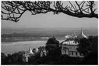 Ayeyarwady river and pagodas seen from Sagaing Hill. Myanmar ( black and white)