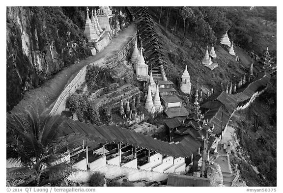 Hillside with covered stairway. Pindaya, Myanmar (black and white)