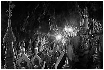 Stupas and buddha images in Pindaya Cave. Pindaya, Myanmar ( black and white)