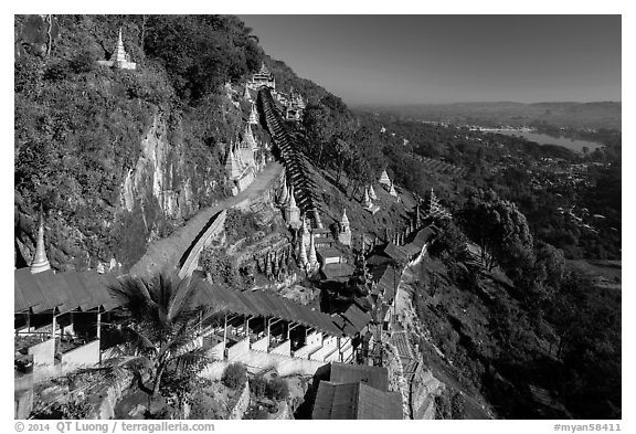 Access stairway to Pindaya Cave and Pone Tanoke Lake. Pindaya, Myanmar (black and white)
