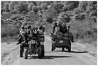 Tractors loaded with passengers. Shan state, Myanmar ( black and white)