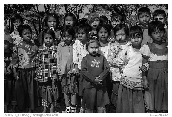 Group of schoolchildren, Nyaung Shwe,. Inle Lake, Myanmar (black and white)