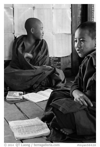 Novices studying, Shweyanpyay Monastery, Nyaung Shwe. Inle Lake, Myanmar (black and white)