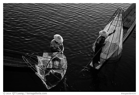 Above view of Intha fishermen. Inle Lake, Myanmar (black and white)