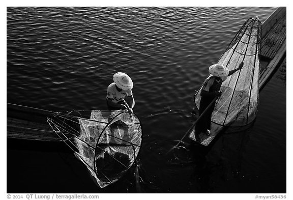 Above view of Intha fishermen. Inle Lake, Myanmar (black and white)