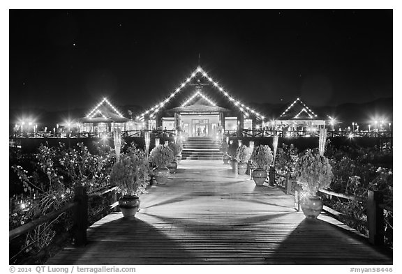 Main deck of Myanmar Treasure Resort at night. Inle Lake, Myanmar (black and white)