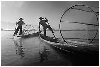 Two Intha fishermen. Inle Lake, Myanmar ( black and white)