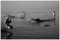 Intha fishermen rowing boats in early morning mist. Inle Lake, Myanmar ( black and white)