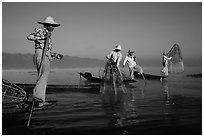 Intha fishermen standing on stern of their boats to fish. Inle Lake, Myanmar ( black and white)