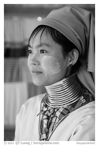 Kayan Padaung woman with neck rings. Inle Lake, Myanmar (black and white)