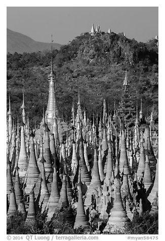 Jungle of stupas in various srages of disrepair, Indein. Inle Lake, Myanmar (black and white)