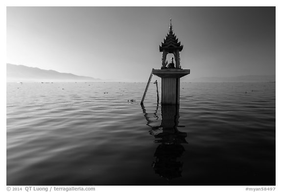 Shrine in the middle of the lake. Inle Lake, Myanmar (black and white)