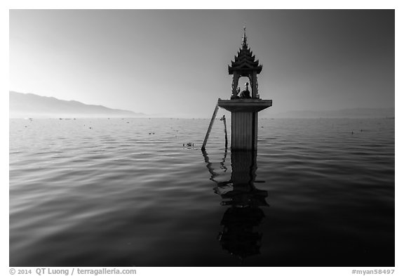 Shrine in the middle of the lake. Inle Lake, Myanmar (black and white)