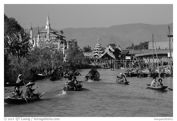 Small boats and shrines, Ywama Village. Inle Lake, Myanmar (black and white)