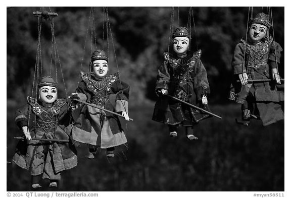 Traditional marionettes for sale. Inle Lake, Myanmar (black and white)